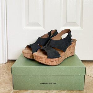 Clarks Women's Caslynn Shae Nubuck Leather Wedge Sandal Black Brown Size 9 M